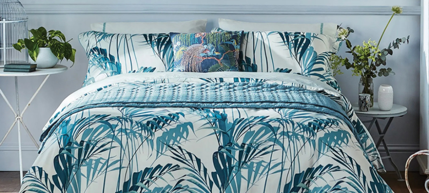 Sanderson Palm House Bedding - A striking tropical oversized palm leaf print in navy and teal.