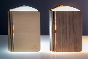 Two stylish wooden book shaped lights, standing partially open, with warm white lights glowing from within the pages.