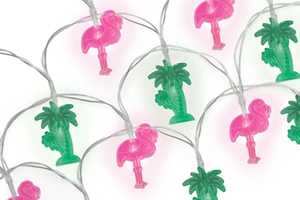 A set of kitsch tropical themed string lights, with alternating pink flamingos and green palm tree shapes.