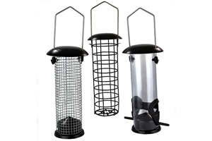 A set of three black wire cage hanging bird feeders.