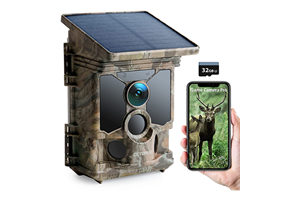 An example of a solar powered wildlife camera, alongside an image of a deer on a smartphone screen.