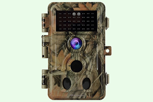 Camouflage design wildlife camera with sturdy plastic case and large, central lense.