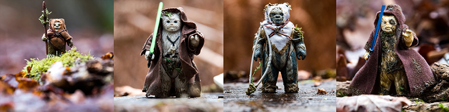 An example of four unique Star Wars gift set figures customised by Ezra for Ezra's Junkyard. Each figure is holding a weapon and is wearing a custom-made outfit. They have each been photographed in an outdoor location to add depth to their backstories.